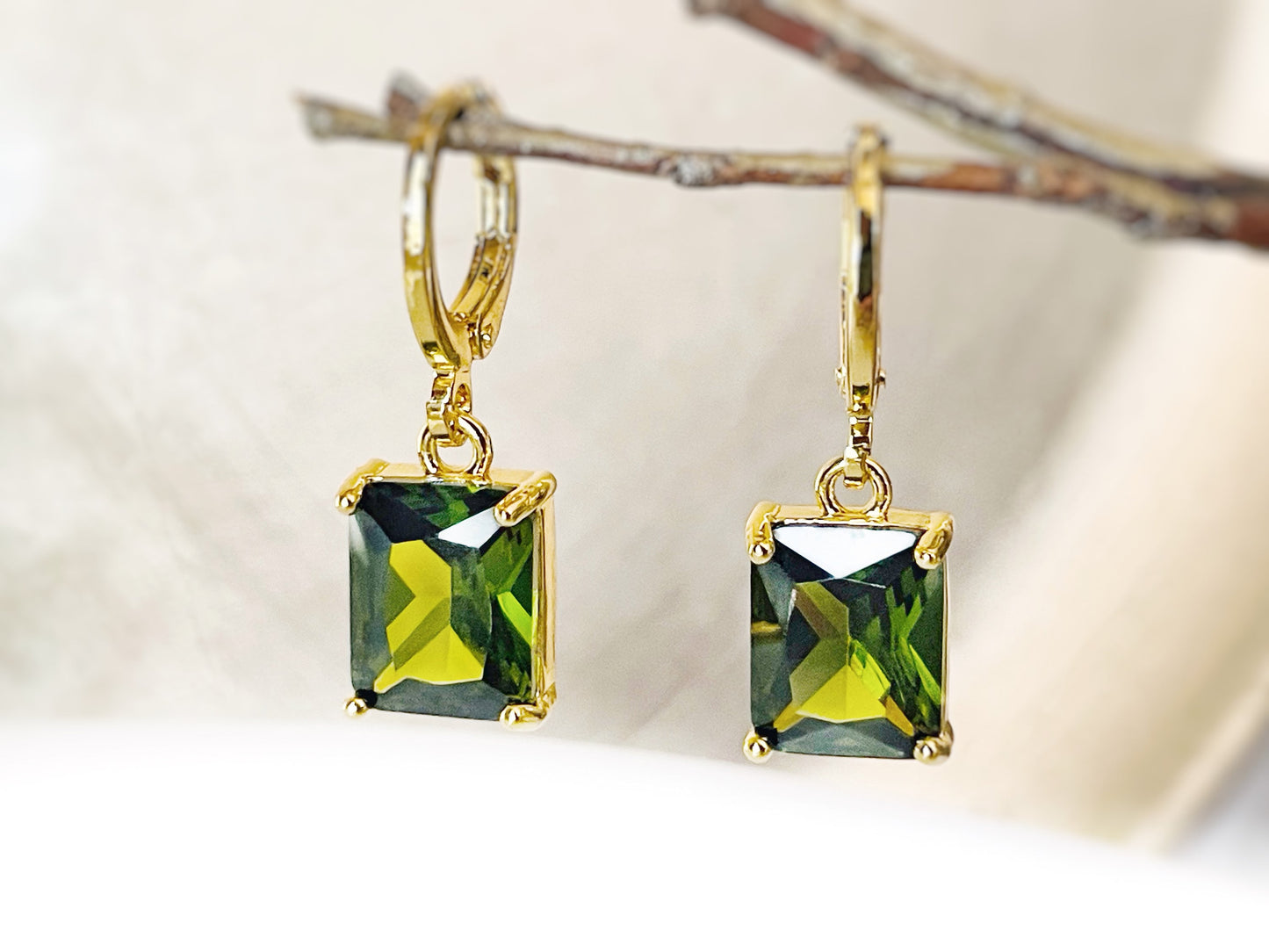 Small emerald cut peridot dangle earring, olive green rectangle gemstone drop earrings, gift for her, gift for girls, August birthstone