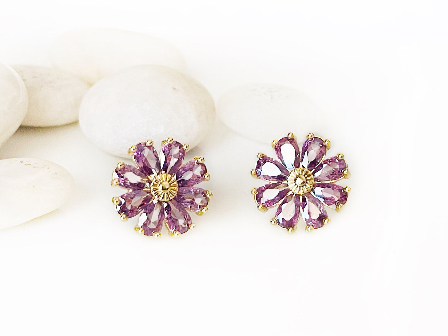 Amethyst flower stud earrings 925 silver posts, purple gemstone daisy flower studs, February birthstone earrings, gift for mom, gift for her
