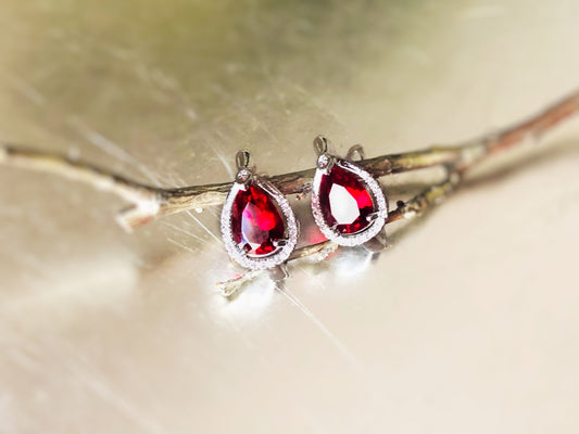 Halo ruby leverback stud earrings, red and white gemstone earrings, gift for her, gift for mom, September birthstone earrings