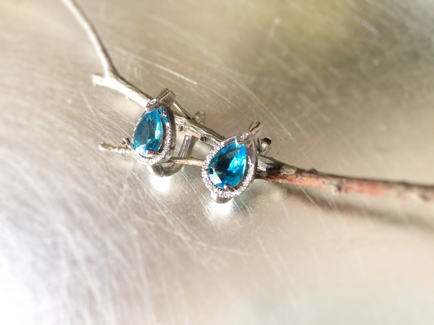 Halo sapphire leverback stud earrings, blue and white gemstone earrings, gift for her, gift for mom, September birthstone earrings