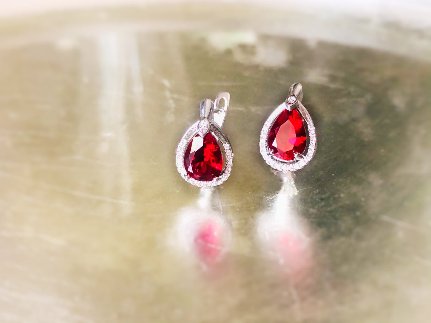 Halo ruby leverback stud earrings, red and white gemstone earrings, gift for her, gift for mom, September birthstone earrings
