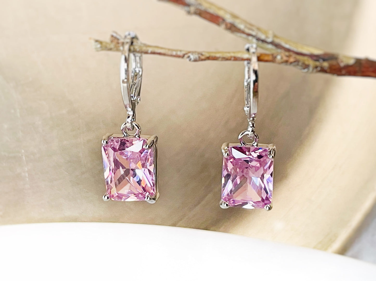 Small emerald cut pink sapphire dangle earring, pink rectangle gemstone drop earrings, gift for her, gift for girls, October birthstone