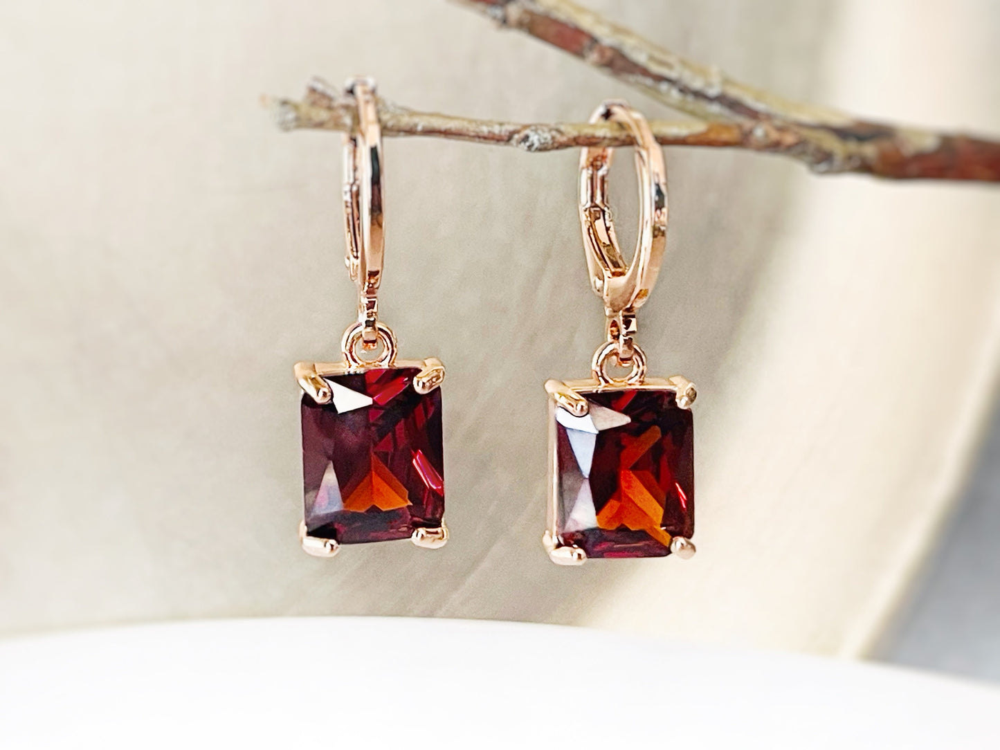 Small emerald cut garnet dangle earrings, rectangular dark red gemstone drop earrings, January birthstone, gift for her, gift for daughter
