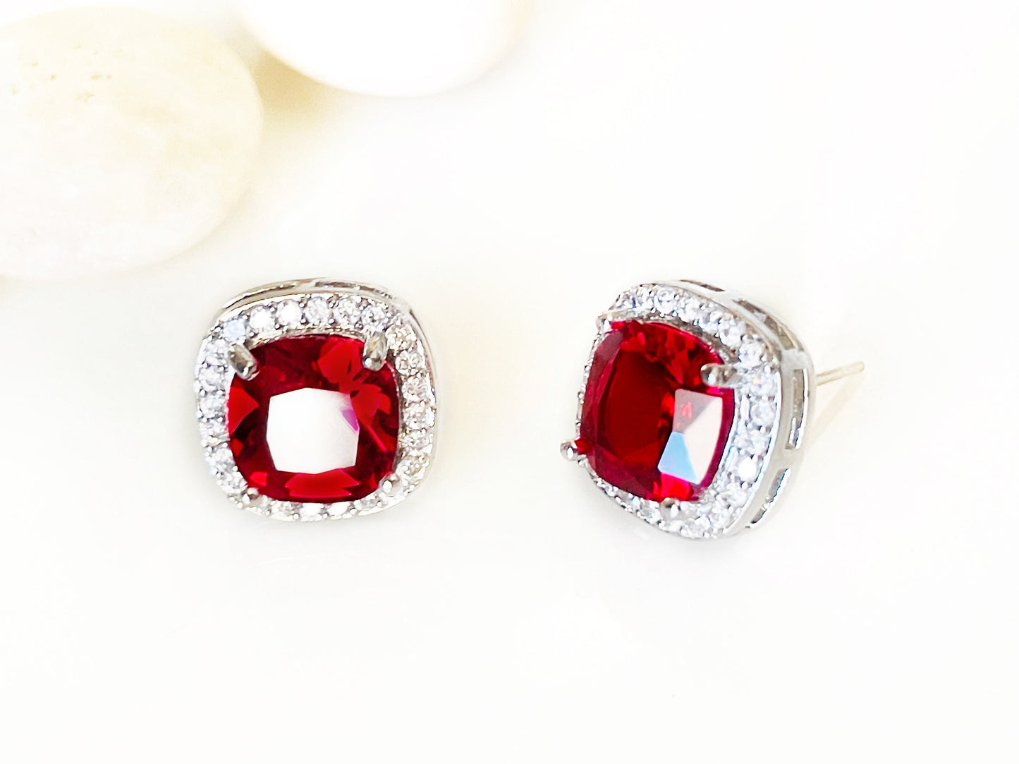 Halo ruby red stud earrings princess cut 925 silver post, red and white square gemstone studs, gift for her, gift for mom, July birthstone