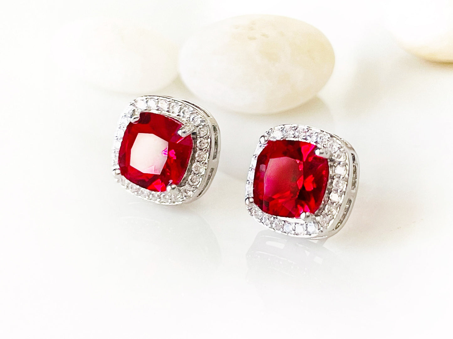Halo ruby red stud earrings princess cut 925 silver post, red and white square gemstone studs, gift for her, gift for mom, July birthstone