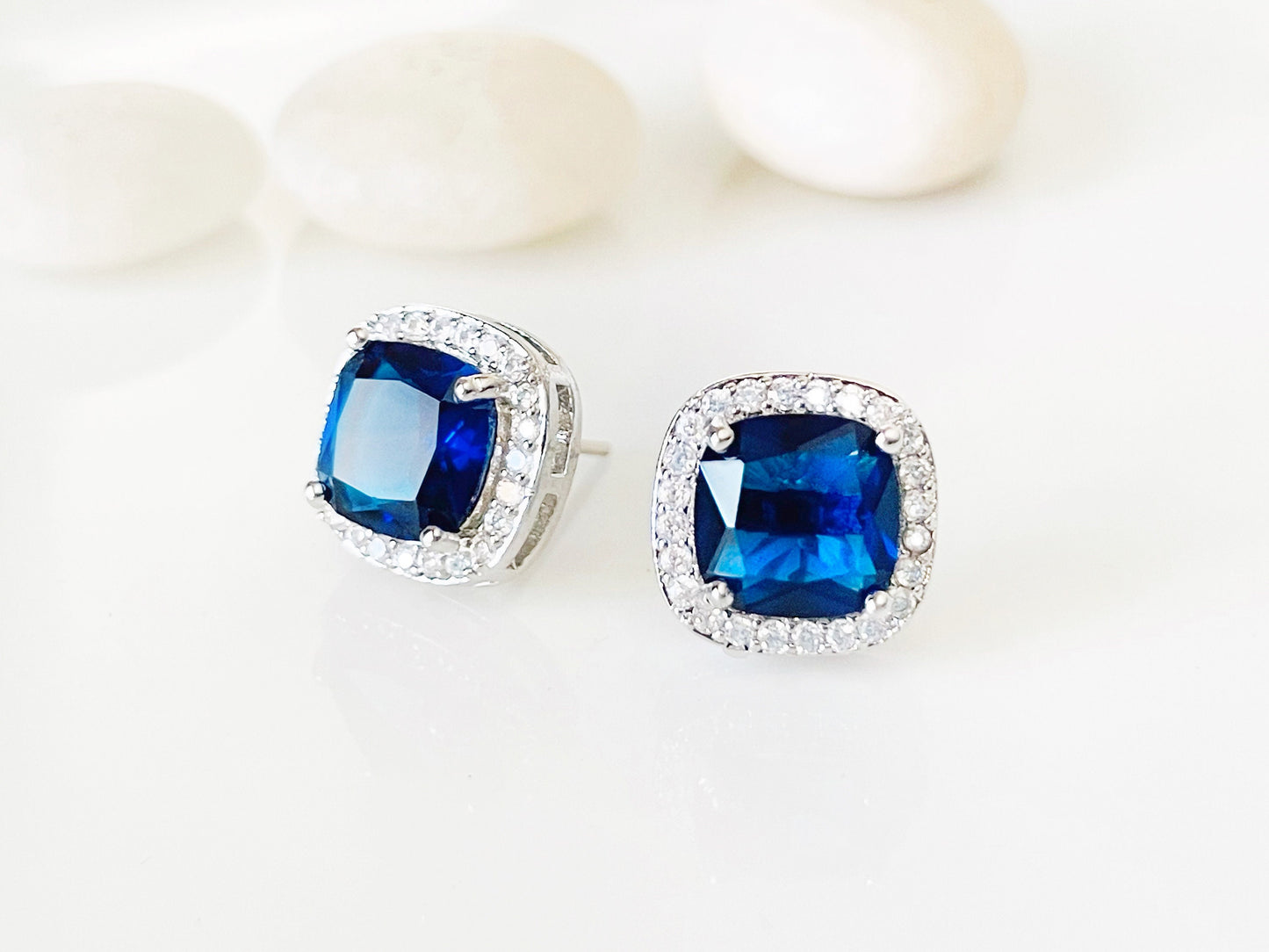 Halo sapphire stud earrings princess cut 925 silver post, navy blue and white square gemstone studs, gift for her, September birthstone