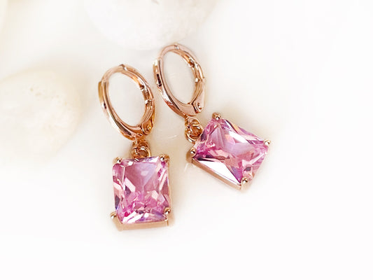 Small emerald cut pink sapphire dangle earring, pink rectangle gemstone drop earrings, gift for her, gift for girls, October birthstone