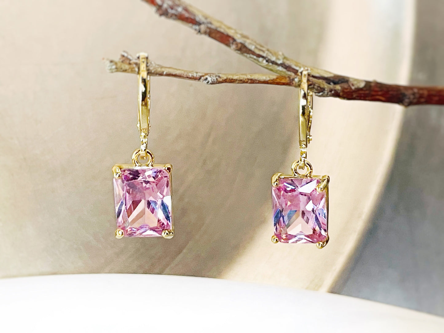 Small emerald cut pink sapphire dangle earring, pink rectangle gemstone drop earrings, gift for her, gift for girls, October birthstone