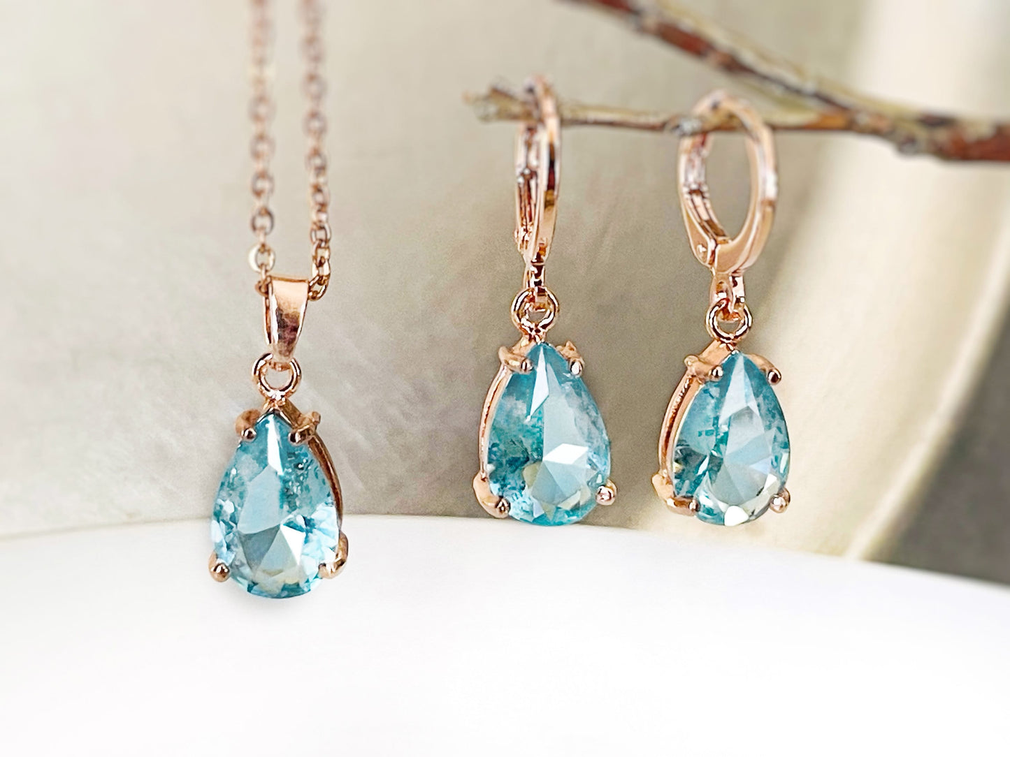 Aquamarine 2pc jewelry set, light blue teardrop gemstone dangle earring necklace set, gift for her, march birthstone, bridal jewelry