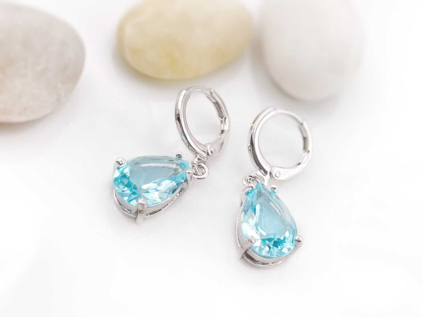 Aquamarine 2pc jewelry set, light blue teardrop gemstone dangle earring necklace set, gift for her, march birthstone, bridal jewelry