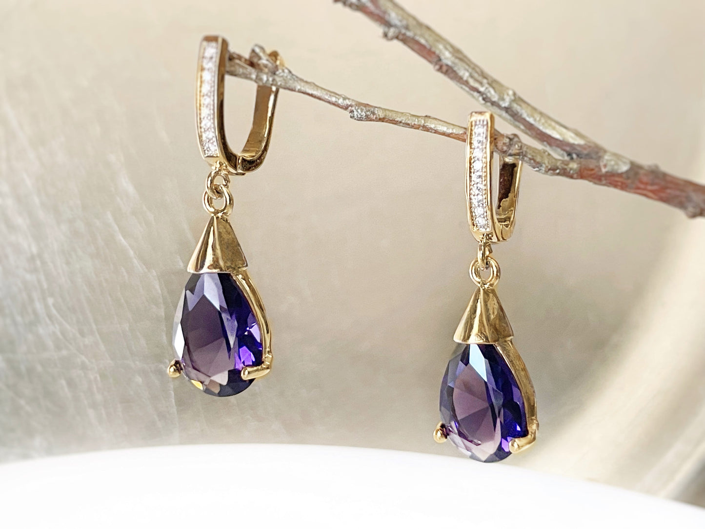 Amethyst teardrop dangle earrings, purple gemstone drop earrings, gift for her, gift for mom, purple bridal earrings, February birthstone