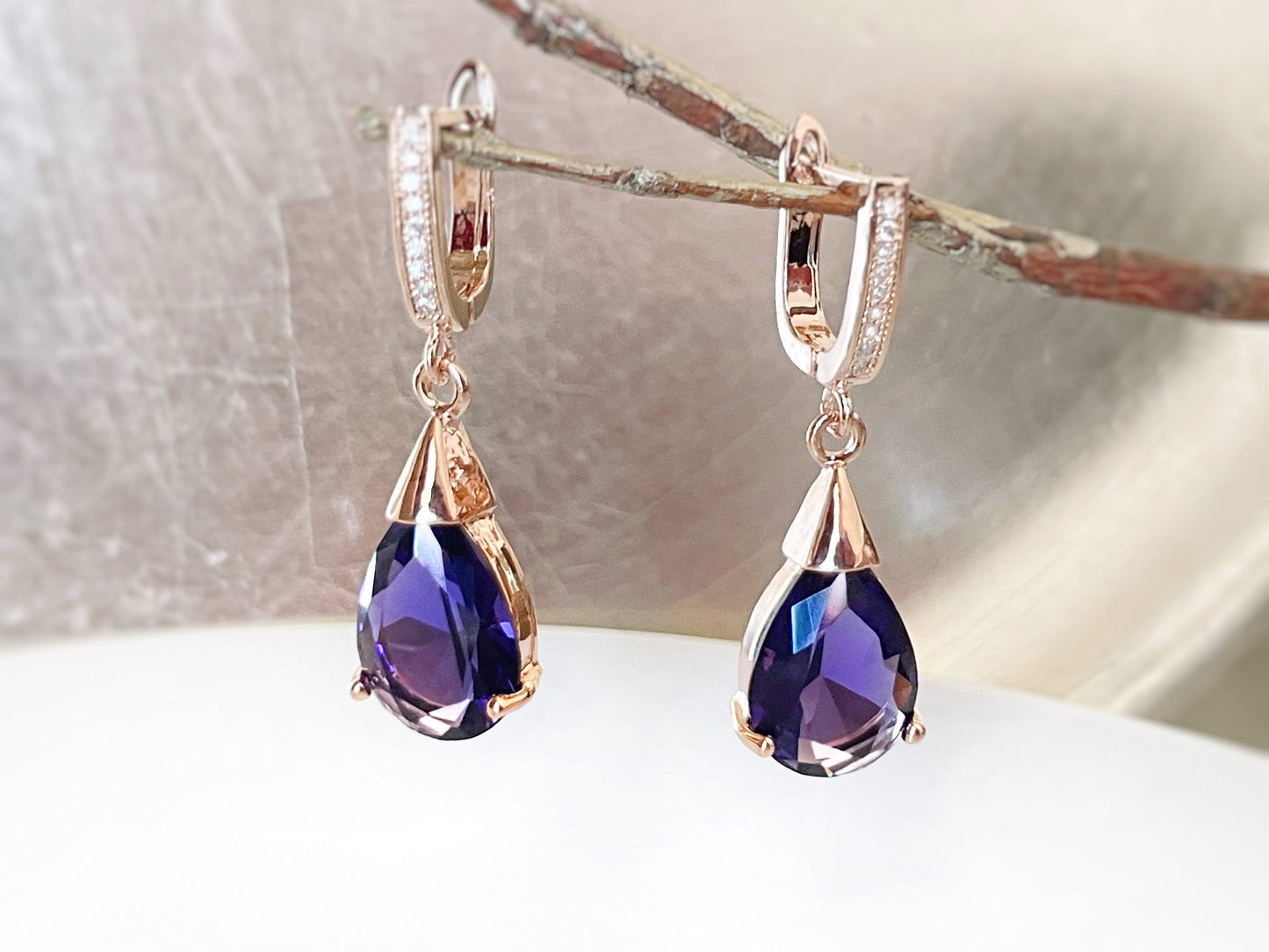 Amethyst teardrop dangle earrings, purple gemstone drop earrings, gift for her, gift for mom, purple bridal earrings, February birthstone
